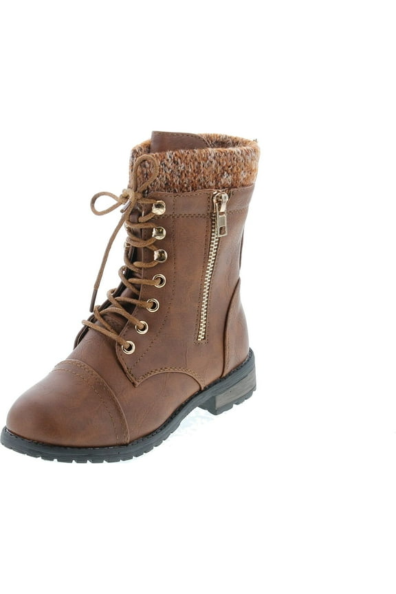 Link Mango-31 Kids Round Toe Military Lace Up Knit Ankle Cuff Low Heel Combat Boots, Tan, 9