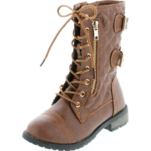 Link Mango79K Tan Childrens Girls Mid Calf Quilted Back Buckle Lace Up Combat Boots, Tan, 1