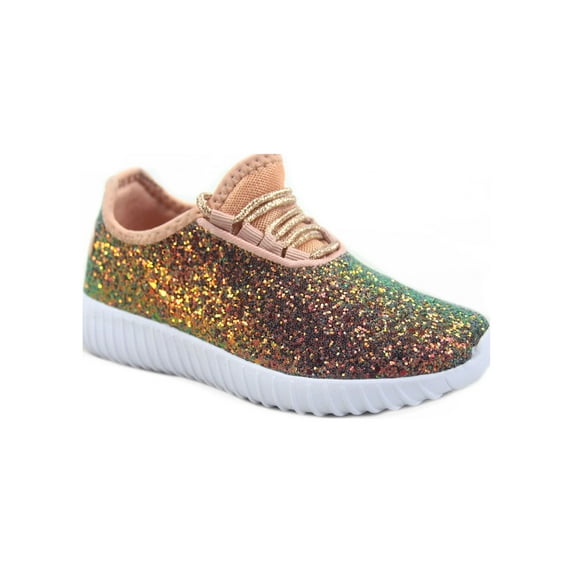 Link Remy-18k Youth Girl's Lightweight Glitter Flat Lace Up Flats Sneaker, Blue Multi, Size 9