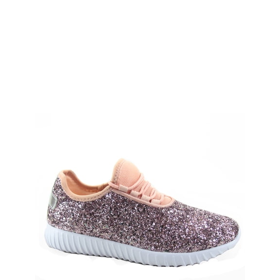 Link; Unisex Kids Casual and Dress Shoes Lightweight Glitter Flat Lace Up Sneaker, Silver, 1