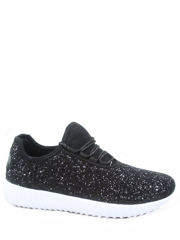 Unisex Kids Lightweight Glitter Flat Lace Up Sneaker, Black, Size 3