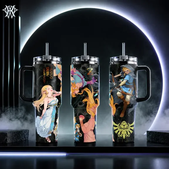 Link n Zelda Princess Tumbler 40 Insulated Stainless Steel Handle Straw Keeps Drinks Hot Cold Video Game Merch Gift For Fans Travel Mug Vacuum Sealed Leak Proof Fantasy Cup