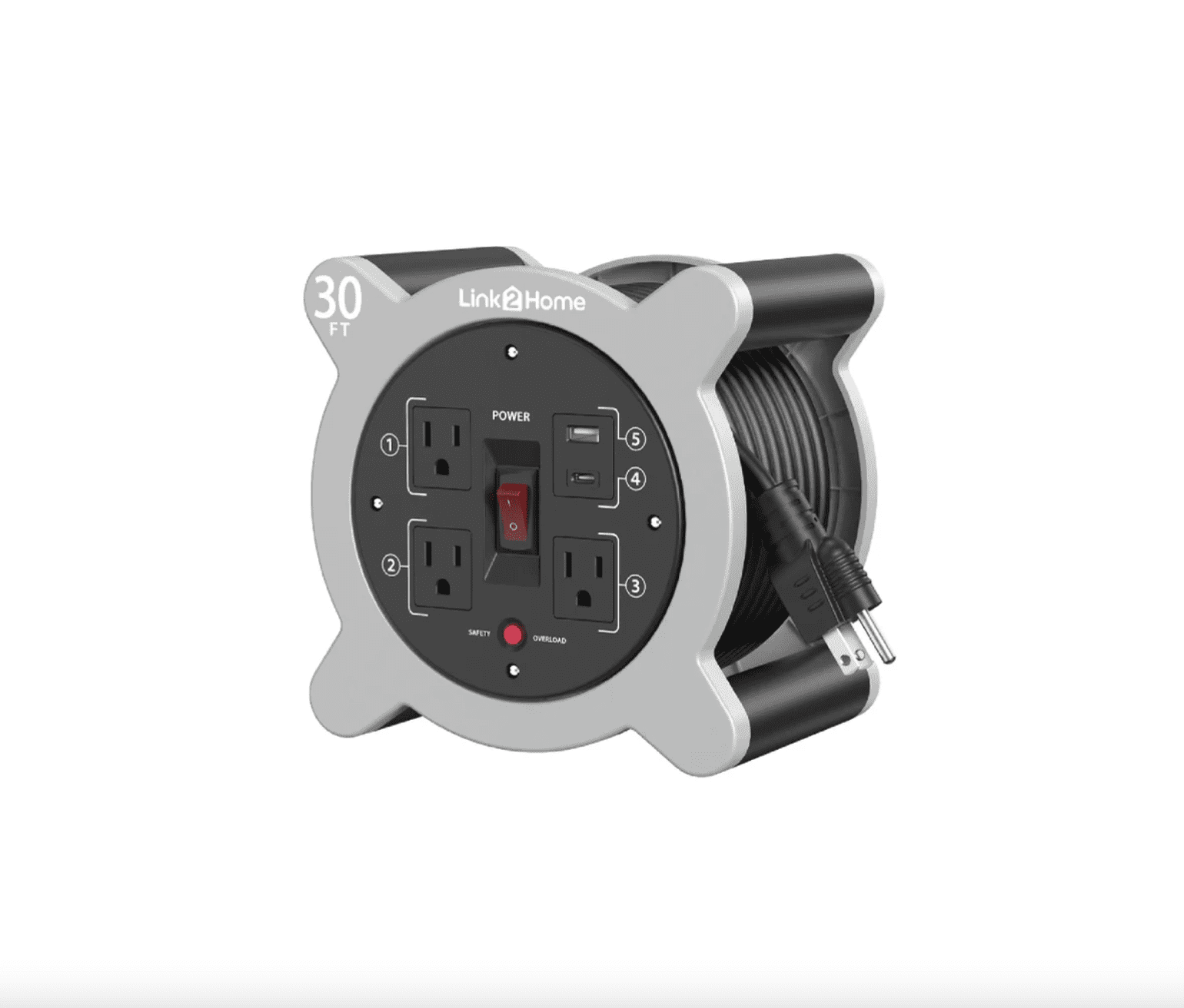 Link2Home 30ft Retractable Cord Reel with 3 Power Outlets and 2 USB A/C Ports, 16 AWG SJT Cable, On/Off Switch, 2.4A Fast Charging – Compact Extension Power Station