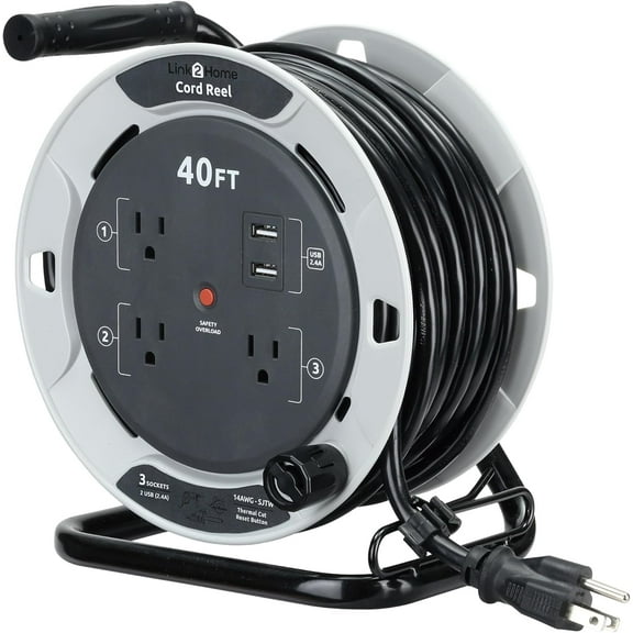 Link2Home 40 Ft Extension Cord Reel 3 Outlets 2 USB Ports, 14AWG