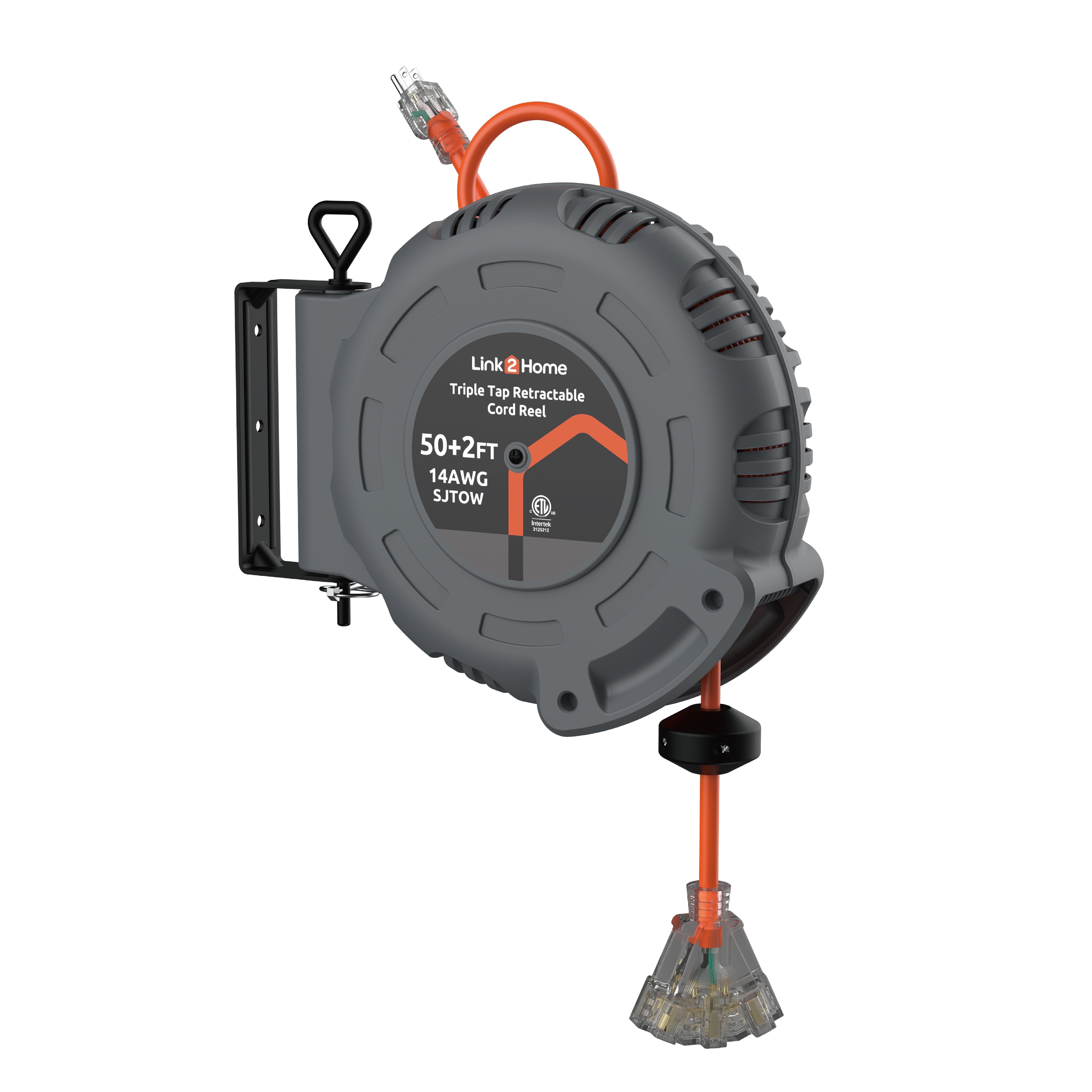Link2Home 50 Ft Cord Reel 3 Outlet Lighted Tap 14AWG Heavy-Duty Cable