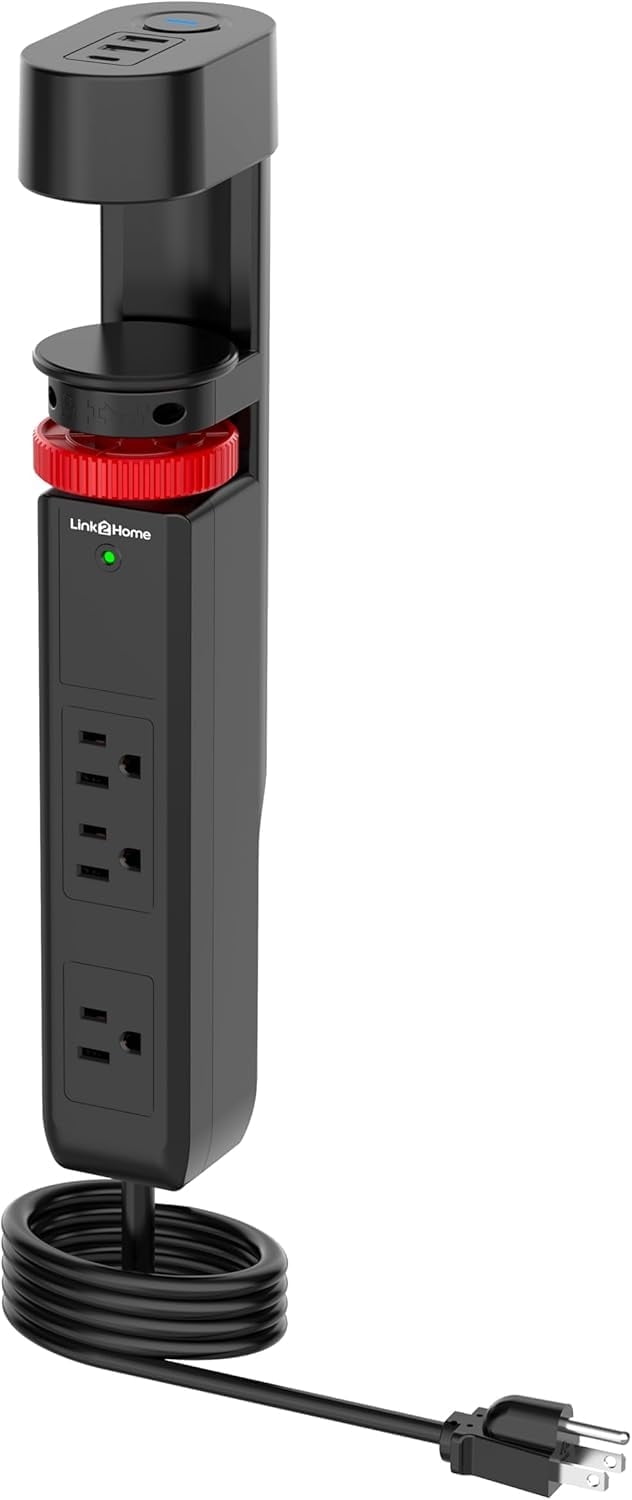 Link2Home Clamp Power Strip, 3 Outlets, 3 USB, 6 ft. Cord, Black