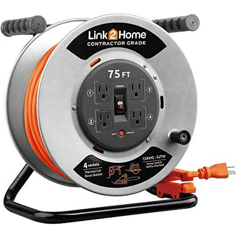 Link2Home CONTRACTOR GRADE Metal Cord Reel 75 ft. Extension Cord 4 Power  Outlets – 12 AWG SJTW Cable 