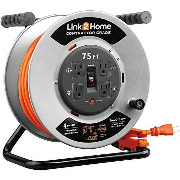 Link2Home 75 Ft Contractor Extension Cord Reel, 12AWG, 4 Outlets
