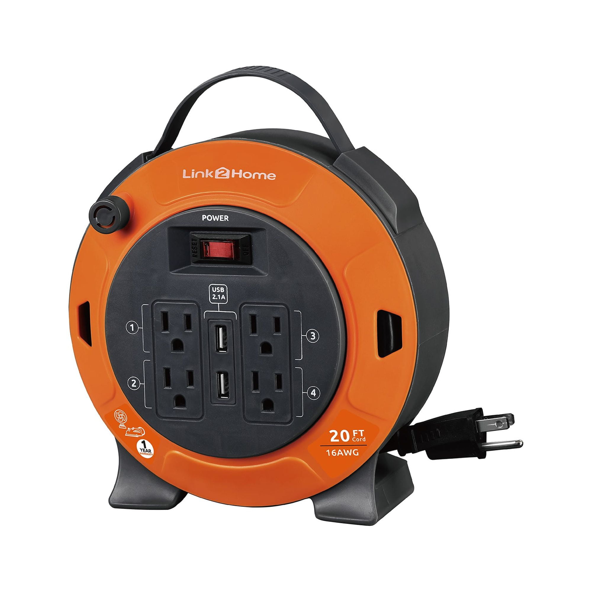 Link2Home Cord Reel 20 ft. Extension Cord 4 Power Outlets, 2 USB Ports