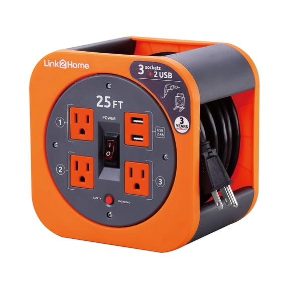 Link2Home 25 Ft Extension Cord Reel, 3 Outlets, 2 USB Ports, Orange