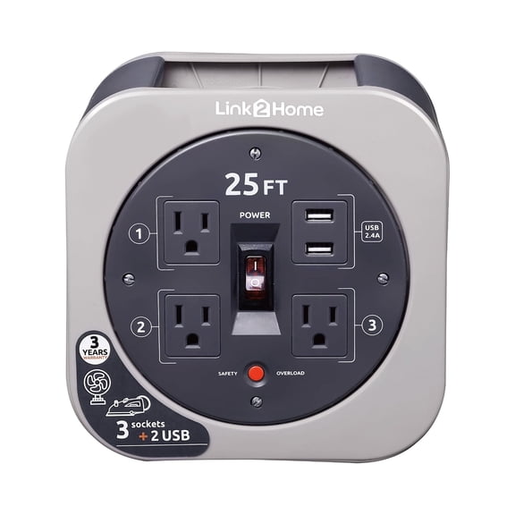Link2Home 25 Ft Extension Cord Reel, 3 Outlets 2 USB Ports, Gray