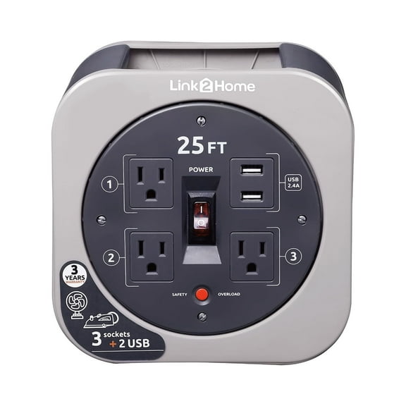 Link2Home 25 Ft Extension Cord Reel, 3 Outlets 2 USB Ports, Grey