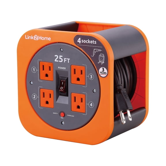 Link2Home 25 Ft Extension Cord Reel, 16AWG, 4 Outlets, Orange