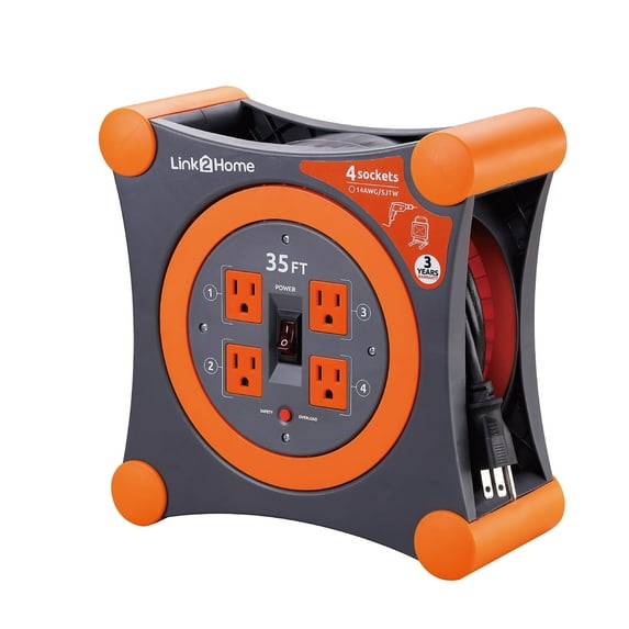 Link2Home 35 Ft Extension Cord Reel, 4 Outlets, Circuit Breaker, Orange