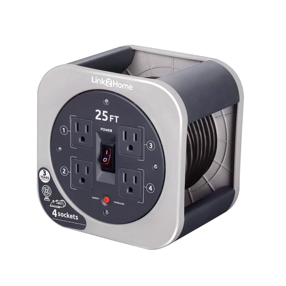 Link2Home 25 Ft Extension Cord Reel, 16AWG Cable, 4 Outlets, Gray