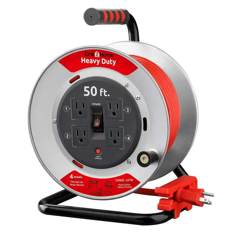 Link2Home Heavy Duty 50' SJTW Extension Cord w/ Metal Cord Reel, 4 Power  Outlets