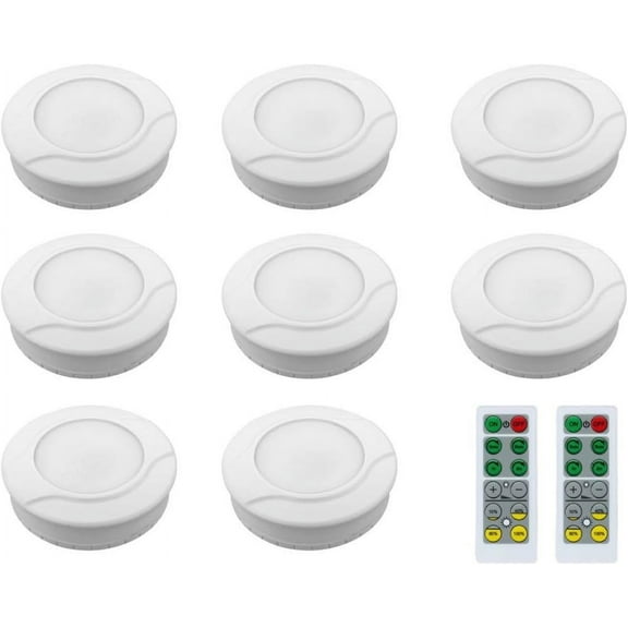 Link2Home Wireless LED Battery Powered Dimable Kitchen Under Cabinet Puck Lights with 2 Remote Controls, 8 Puck Lights