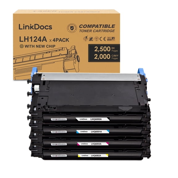 LinkDocs 124A Toner Cartridge Compatible for 124A 124 Q6000A Q6001A Q6002A Q6003A used with Color Laserjet 2600n 2600 1600 2605 2605dn 2605dnt CM1015 CM1017 MFP Printer (4 Color Combo Pack)