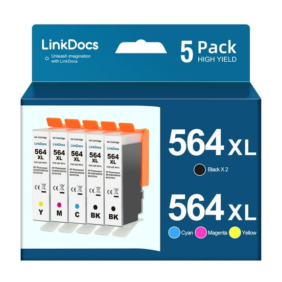 LinkDocs 564XL Compatible HP 564XL Ink Cartridge used with HP DeskJet 3520 3522 Officejet 4620 Photosmart 5520 6510 6515 6520 7520 7525 Printer (5 Pack, 2xBlack Cyan Magenta Yellow)