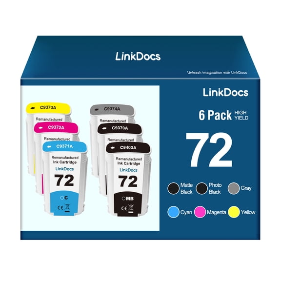 LinkDocs 72 ink Replacement HP72 Ink Cartridges 130-ml C9403A C9370A C9371A C9372A C9373A C9374A used with DesignJet T610 T620 T770 T790 T795 T1100 T1120 T1200 T1300 T2300 Printers (130-ml, 6-Pack)