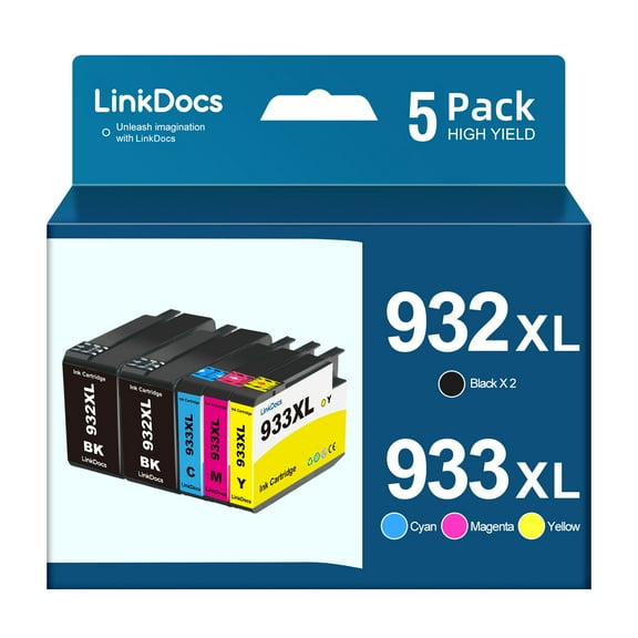 LinkDocs 932XL Compatible HP 932XL 933XL 932 933 Ink Cartridge used with Officejet 7110 6600 6700 6100 7612 7610 Printer (5 Pack, 2xBlack,Cyan,Magenta,Yellow)