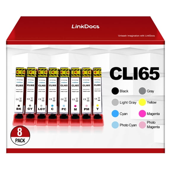 LinkDocs Compatible CLI65 Ink Cartridge with Pigment Ink Replacement for Canon CLI-65 CLI65 Work for PIXMA PRO-200 Printer (8-Pack BK C M Y PC PM GY LGY)