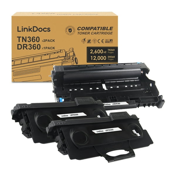 LinkDocs TN360 DR360 Toner Cartridge & Drum Unit Replacement for Brother TN-360 TN-330 DR-360 High Yield used with Brother DCP-7040 DCP-7030 MFC-7840W HL-2140 MFC-7340 Printer (2 Toner, 1 Drum Unit)