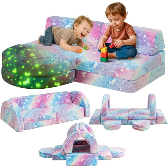 LinkRomat 10Pcs Modular Kids Play Couch Glow, Convertible Play Couch, Instant Rebound 28D Foam Toddler Couchs, Kids Imaginative Furniture for Playroom (Colorful & Unicorn)