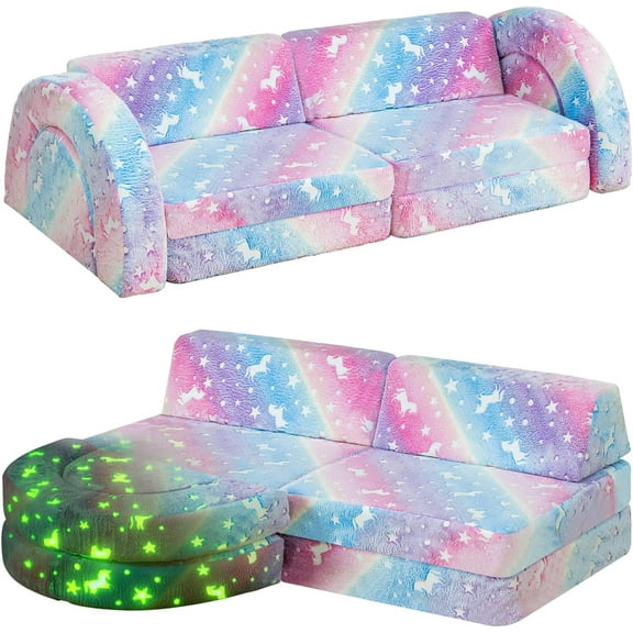 LinkRomat 10Pcs Modular Kids Play Couch, Glow in the Dark Convertible Toddler Sofa, 28D Foam Instant Rebound Kids Couch for Playroom, Bedroom, or Nursery