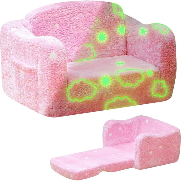 LinkRomat 2-in-1 Kids Couch, Glow in The Dark Toddler Sofa Bed, Foldable Baby Floor Bed and Convertible Kids Chair, Comfy Lounger for Playroom, Bedroom, and Travel