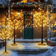 LinkRomat 3-Piece 4ft 6ft Pre-Lit Birch Christmas Tree Set with 200 LED Lights and 24 Ornaments, Christmas Decorations for Indoor Outdoor Home, Black