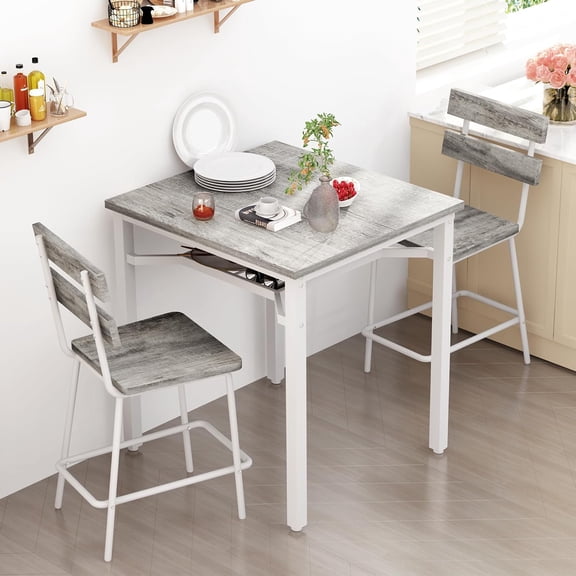 LinkRomat 3 Piece Bar Table Set, Counter Height Square Kitchen Table with Storage Shelf and 2 Stools, Compact Dining Set for Small Apartments, Gray