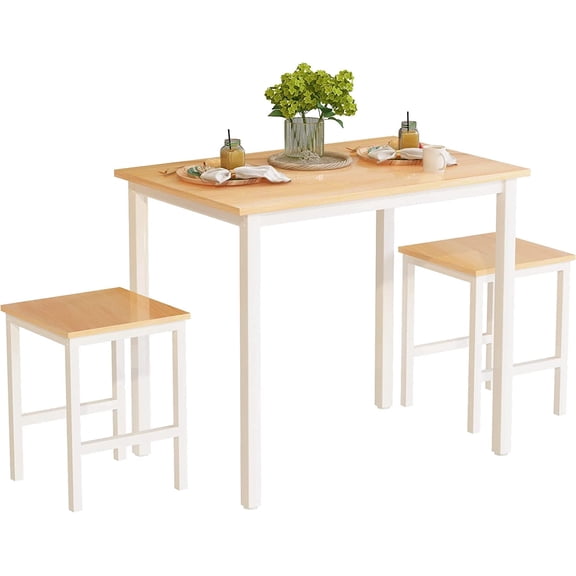 LinkRomat 3 Piece Dining Room Table Set for 2, 47" Farmhouse Dining Table with Benches, Rectangular Kitchen Sets for Small Space, Apartment, Restaurant, White & Walnut