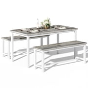 LinkRomat 3 Piece Dining Room Table Set for 4, 47 Farmhouse Dining Table with Benches, Rectangular Kitchen Sets for Small Space, Apartment, Restaurant, Grey & White