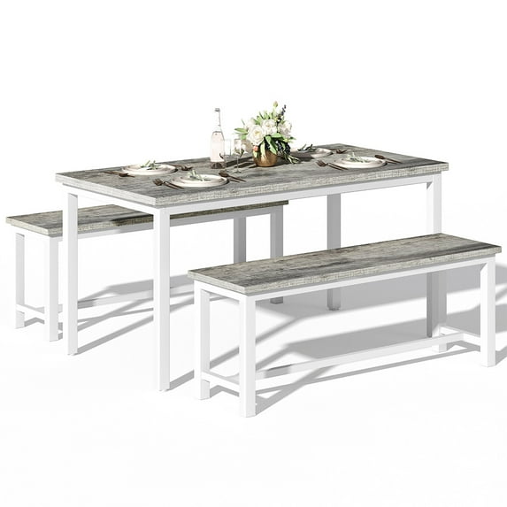 LinkRomat 3 Piece Dining Room Table Set for 4, 47" Farmhouse Dining Table with Benches, Rectangular Kitchen Sets for Small Space, Apartment, Restaurant, Grey & White