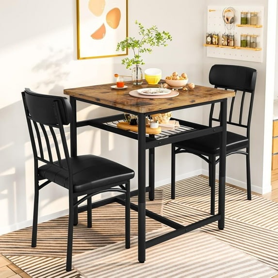 LinkRomat Kitchen Table for 2, Farmhouse Square Compact Table with 2 Upholstered Chairs, Built-in Storage Rack, Dinette Set for Dining Room (Brown)
