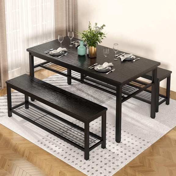 LinkRomat 3-Piece Dining Table Set for 4, Kitchen Table Set with 2 Benches & Storage, Space Saving Industrial Design, Black