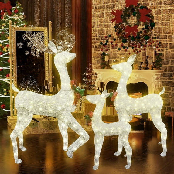Cvortll 3-Piece Lighted Christmas Reindeer Family, Outdoor Indoor Christmas Decorations for Yards Garden Lawn Patio, Holiday Light up Decorations w/ 210 LED Lights, Stakes, Zip Ties