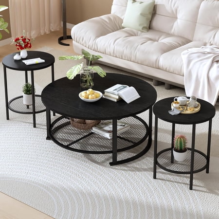 LinkRomat Coffee Table Set with Storage, 3 Pieces Living Room Table Set with 2 Round End Tables for Small Spaces Apartment Home, Black