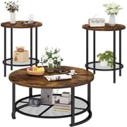 LinkRomat Coffee Table Set with Storage, 3 Pieces Living Room Table Set with 2 Round End Tables for Small Spaces Apartment Home, Brown
