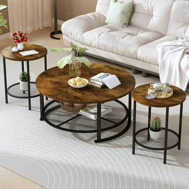 LinkRomat Coffee Table Set with Storage, 3 Pieces Living Room Table Set with 2 Round End Tables for Small Spaces Apartment Home, Brown