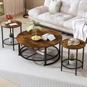 LinkRomat Coffee Table Set with Storage, 3 Pieces Living Room Table Set with 2 Round End Tables for Small Spaces Apartment Home, Brown