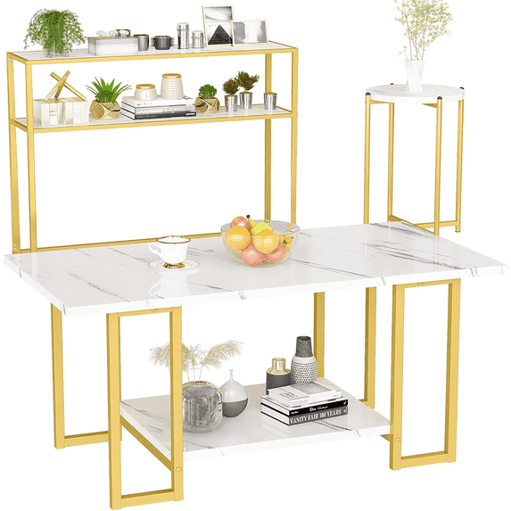 LinkRomat 3-Pieces Living Room Table Sets, Faux Marble Rectangular Table with 2 End Tables, Modern Coffee Table Sets for Small Space, Apartment