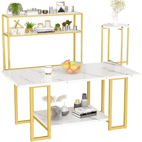 LinkRomat 3-Pieces Living Room Table Sets, Faux Marble Rectangular Table with 2 End Tables, Modern Coffee Table Sets for Small Space, Apartment