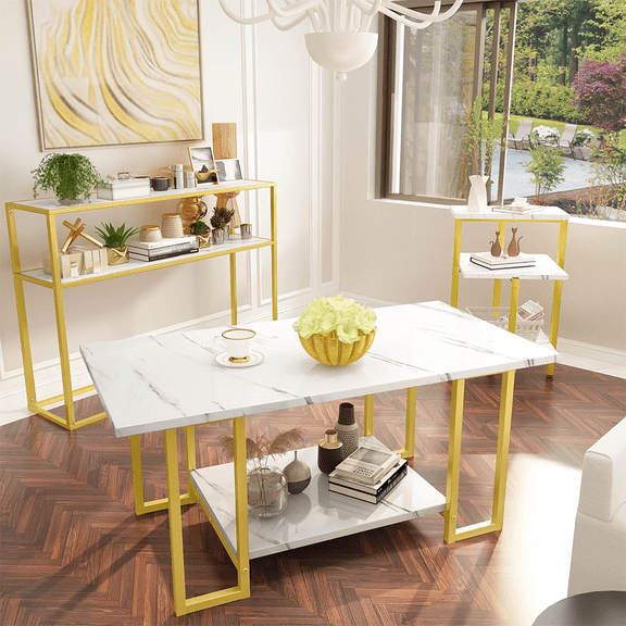 LinkRomat 3-Pieces Living Room Table Sets, Faux Marble Rectangular Table with 2 End Tables, Modern Coffee Table Sets for Small Space, Apartment