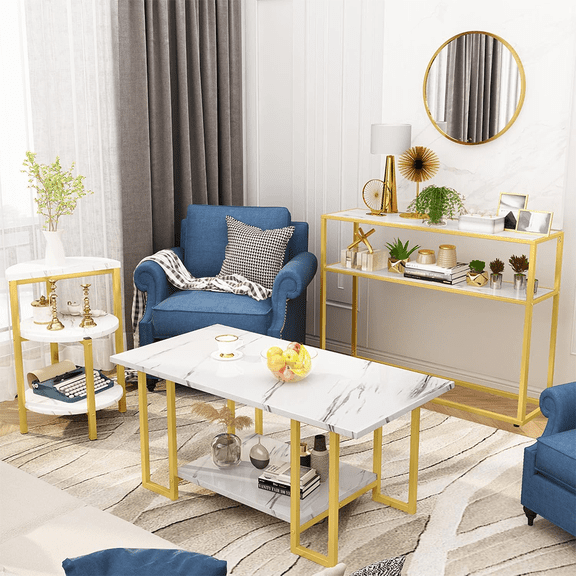 LinkRomat 3-Pieces Living Room Table Sets, Faux Marble Rectangular Table with 2 End Tables, Modern Coffee Table Sets for Small Space, Apartment