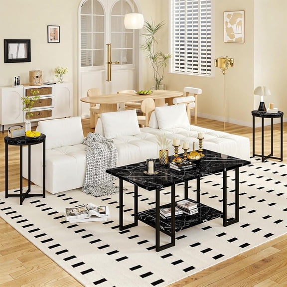 LinkRomat 3-Pieces Living Room Table Sets, Modern Faux Marble Coffee Table with 2 Round End Side Tables, Compact Space Coffee Table Sets for Apartment Home Office, White