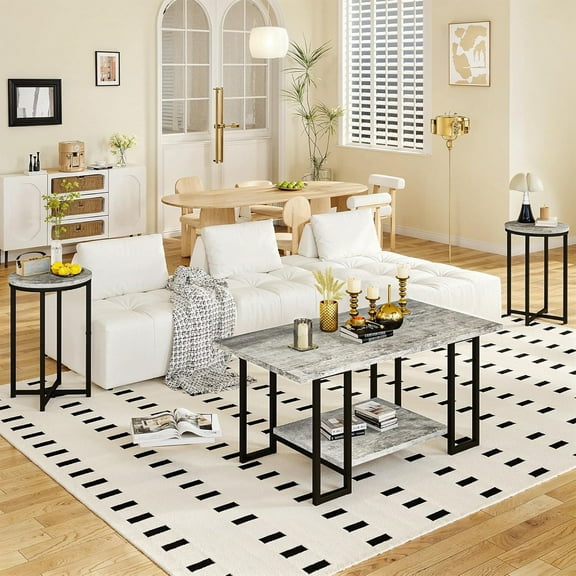 LinkRomat 3-Pieces Living Room Table Sets, Modern Faux Marble Coffee Table with 2 Round End Side Tables, Compact Space Coffee Table Sets for Apartment Home Office, White