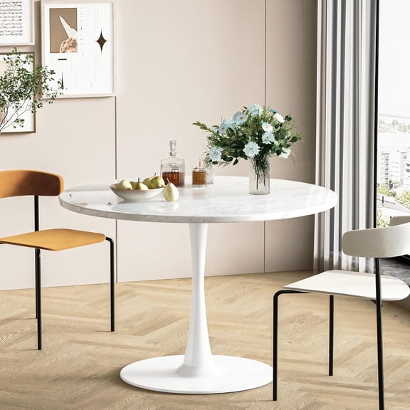 LinkRomat 31.5" Faux Marble Coffee Table,Kitchen Dining Table 2-4 People Modern Kitchen Table with MDF Top & Pedestal Base,Coffee Office Living Room Table,White Marble