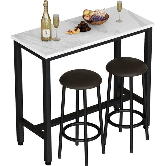 LinkRomat 39.3" Bar Table Set for 2,Faux Marble Pub Height Table with 2 Upholstered Stools,Compact Dining Table Set for Living Room,Kitchen,Bar,White & Brown